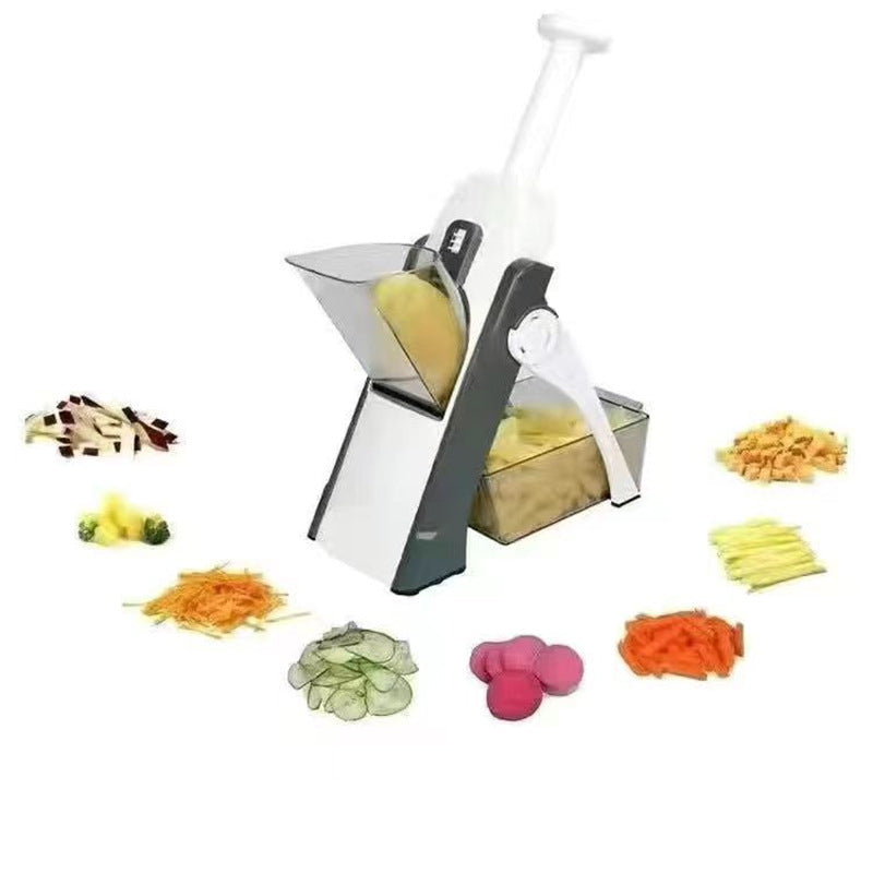 Vegetable peeler with sliced vegetables on a white background