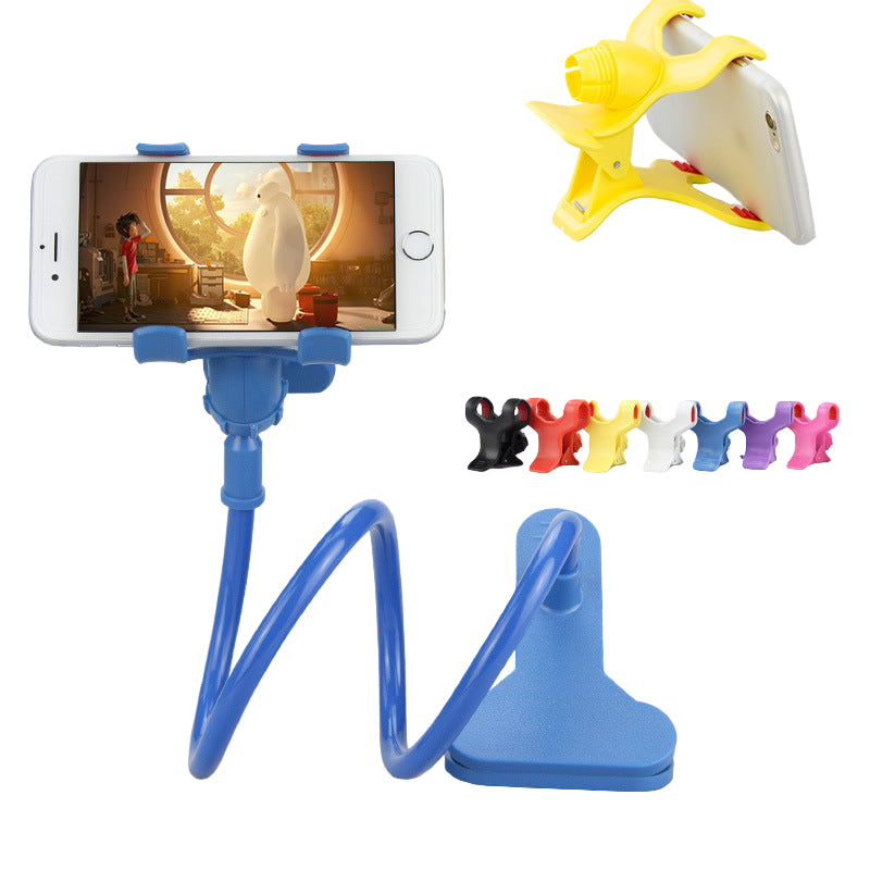 Blue phone holder with smartphone displaying a video, against a yellow and red background with colorful holders below.