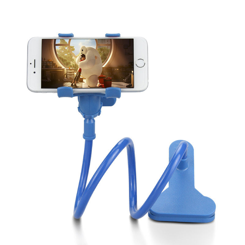 Blue phone holder with smartphone displaying a cartoon bear on a white background