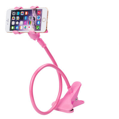 Pink phone holder with a smartphone on a white background