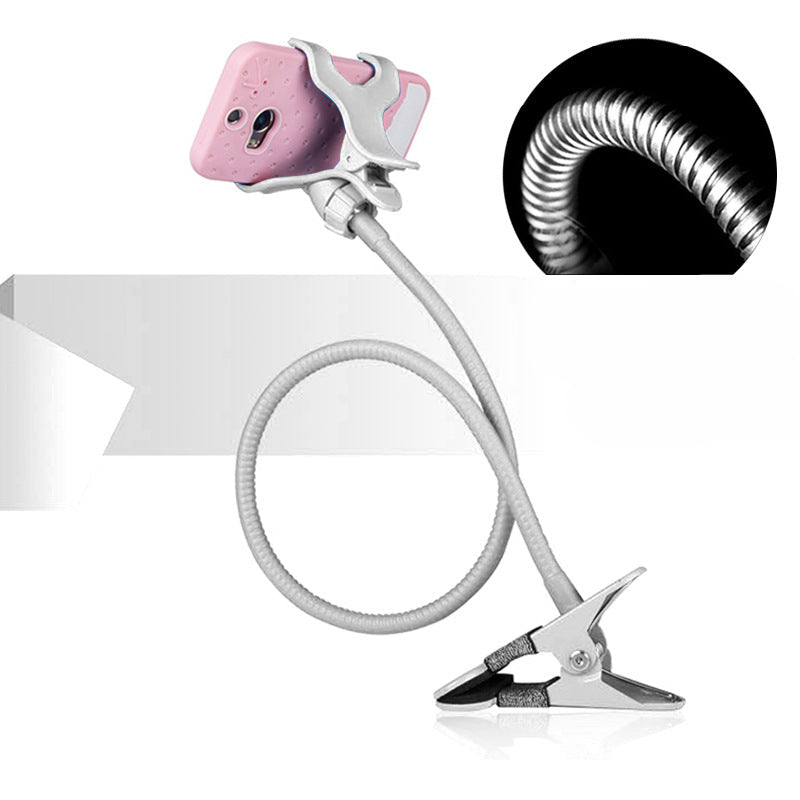 Phone holder with flexible arm and clip on a white background
