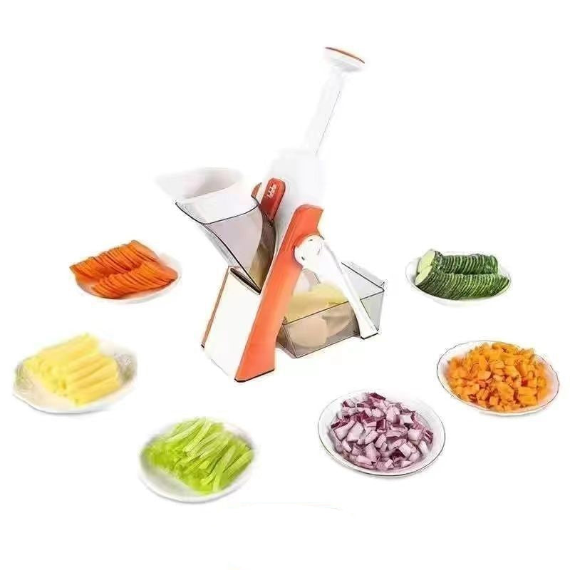 Vegetable peeler with sliced vegetables on a white background