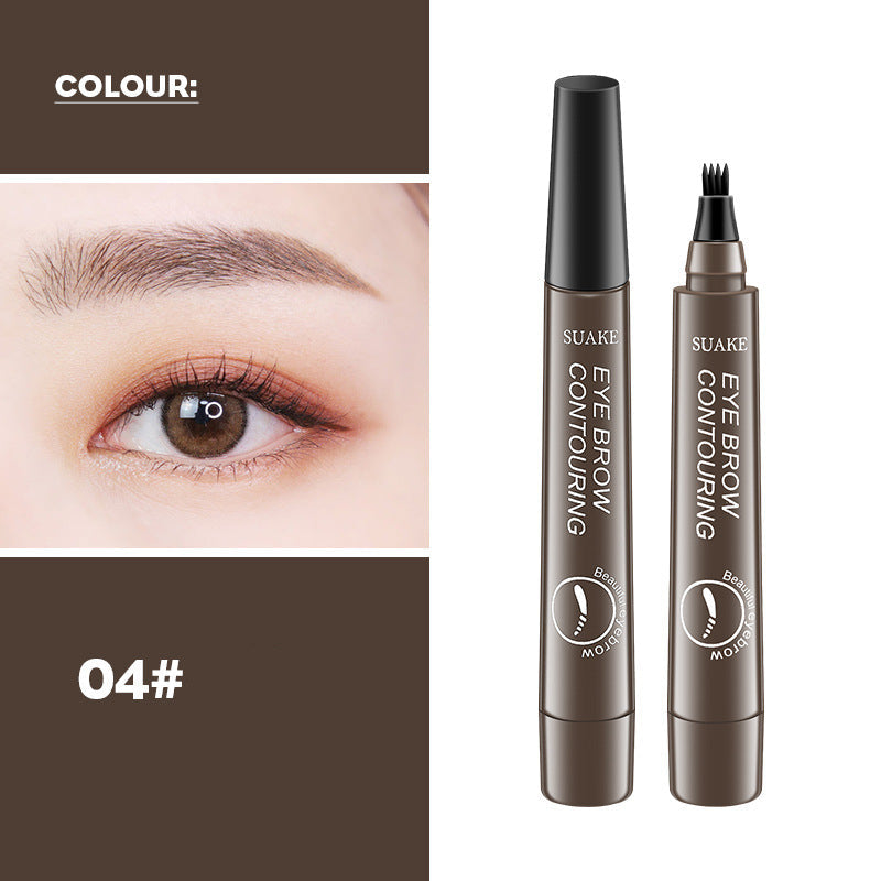 Eyebrow contouring product with a close-up of eye and color swatch.